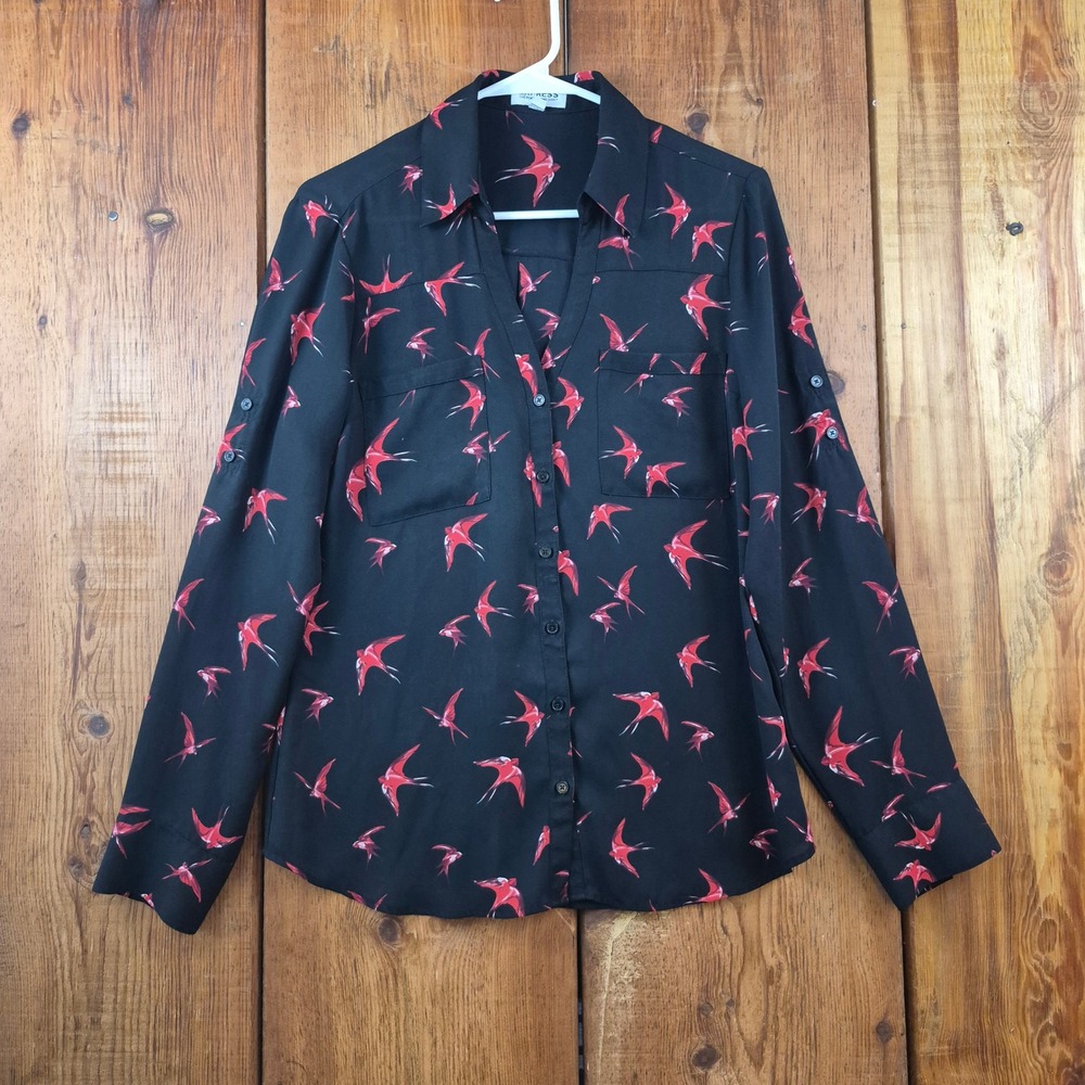 Express The Portofino Shirt Slim Fit Black Red Bird Print Blouse Medium